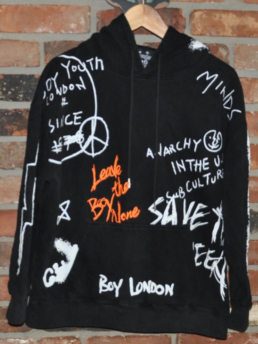 Vintage 90s Boy London Graphic Graffiti All-over print Punk Hoodie Sweater XS-S